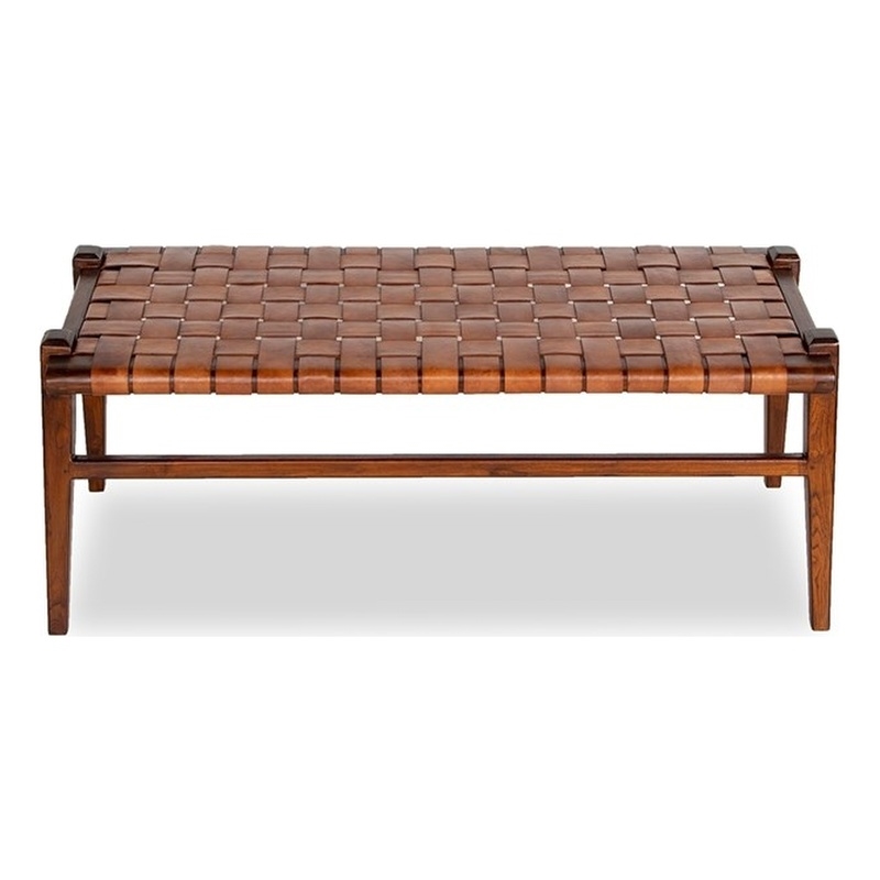 Allora Solid Teak Wood and Genuine Leather Upholstered Bench in Cognac Tan
