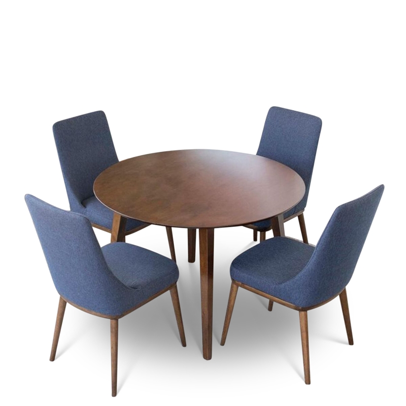 Allora Mid Century Modern 5-Piece Dining Set w/ 4 Fabric Dining Chairs in Blue