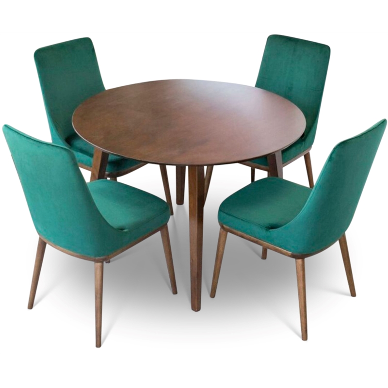 Allora 5-Piece Mid-Century Dining Set with 4 Velvet Dining Chairs in Green