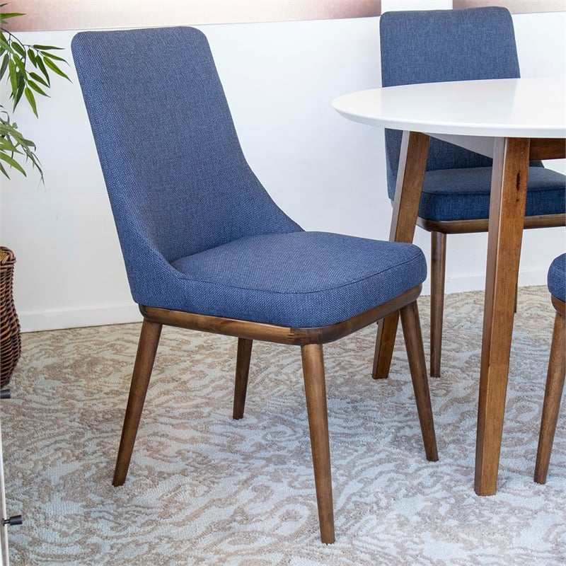 Allora Mid Century Modern White Dining Set w/4 Fabric Dining Chair in Blue