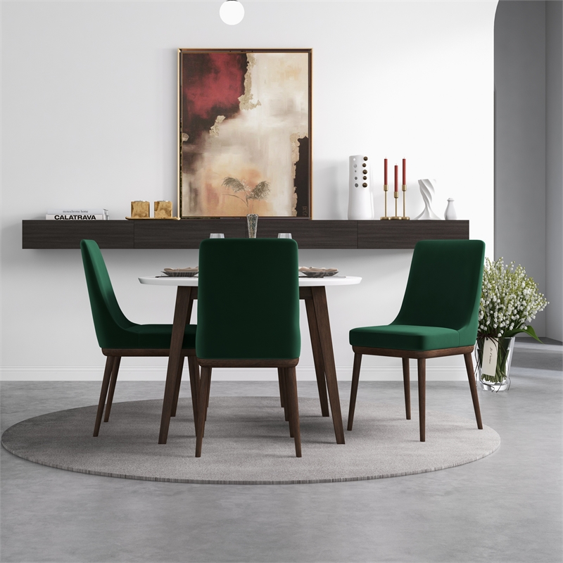 Allora 5-Piece Mid-Century Round Dining Set w/ 4 Velvet Dining Chairs in Green