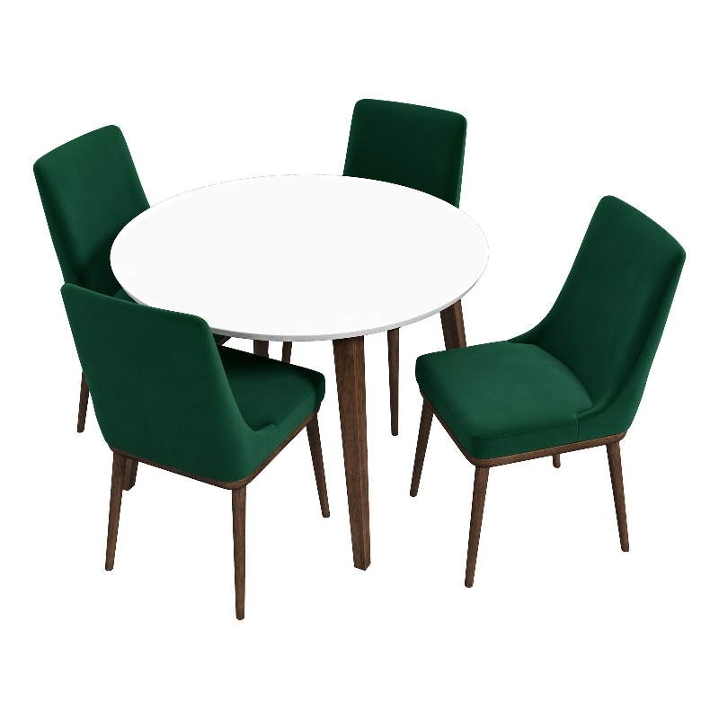 Allora 5-Piece Mid-Century Round Dining Set w/ 4 Velvet Dining Chairs in Green