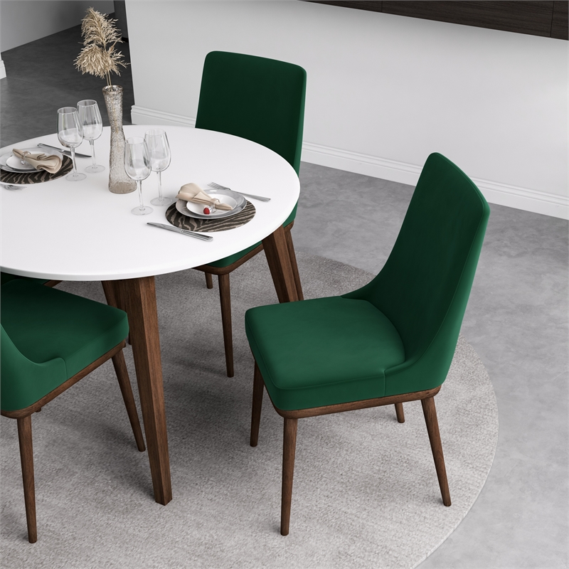 Allora 5-Piece Mid-Century Round Dining Set w/ 4 Velvet Dining Chairs in Green