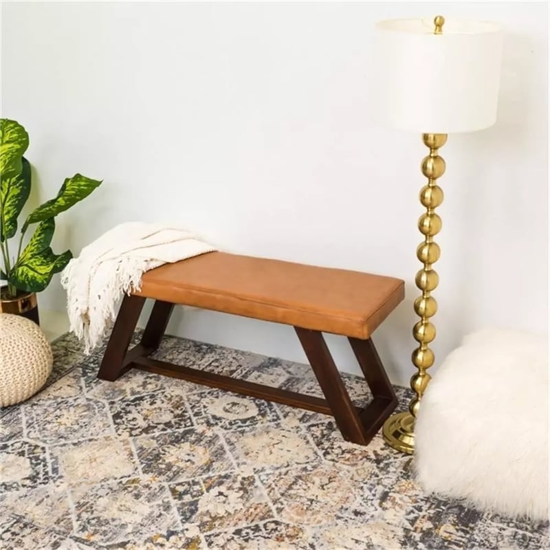 Allora Teak Wood and Genuine Leather Upholstered Bench in Cognac Tan/Walnut