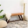 Allora Teak Wood and Genuine Leather Upholstered Bench in Cognac Tan/Walnut