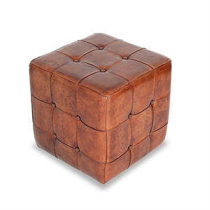 Allora Mid Century Modern Leather Pouf in Tan Brown