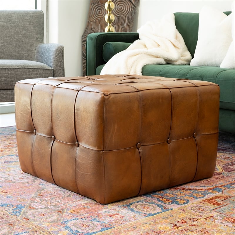 Allora Mid Century Modern Leather Ottoman in Tan Brown