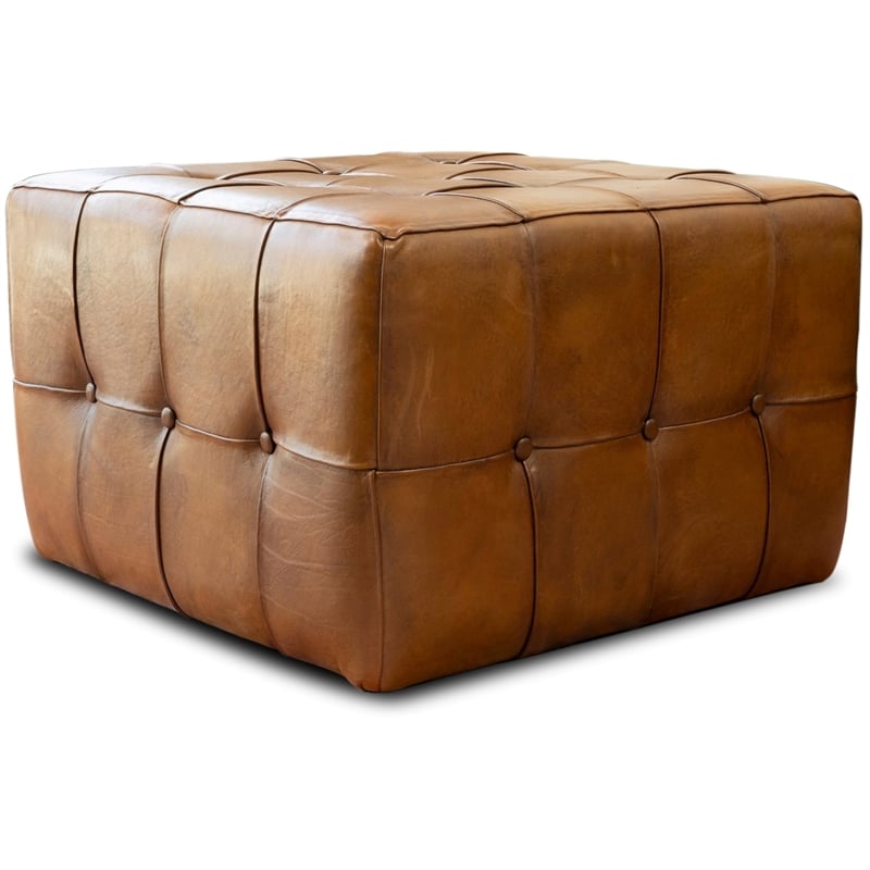 Allora Mid Century Modern Leather Ottoman in Tan Brown