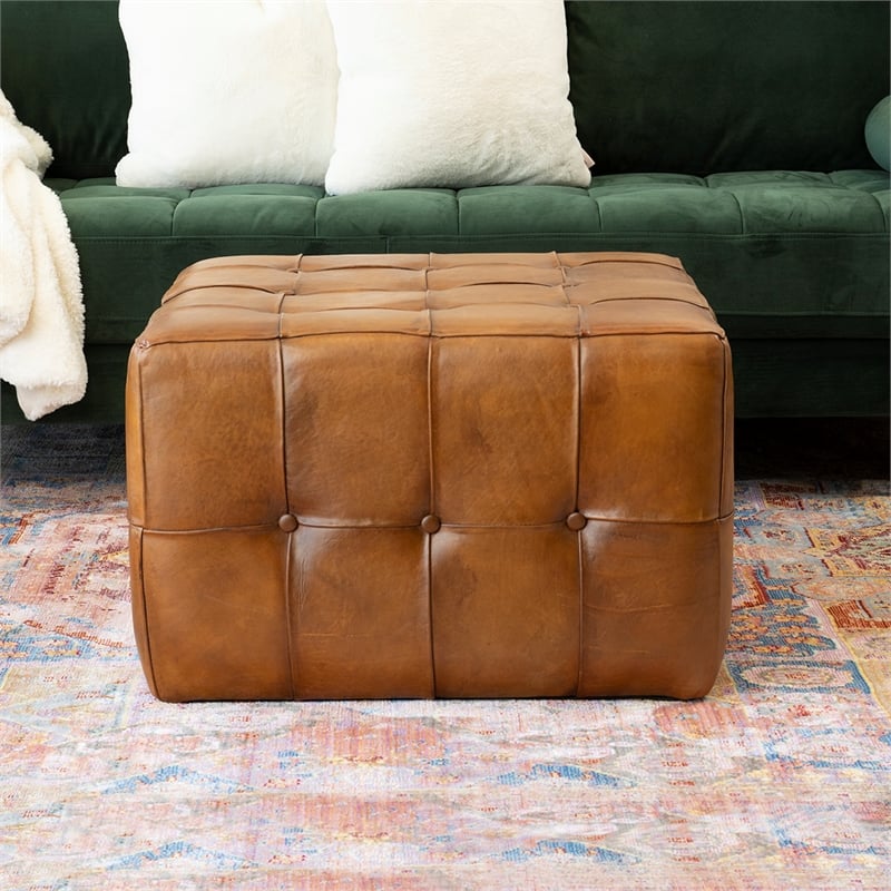 Allora Mid Century Modern Leather Ottoman in Tan Brown