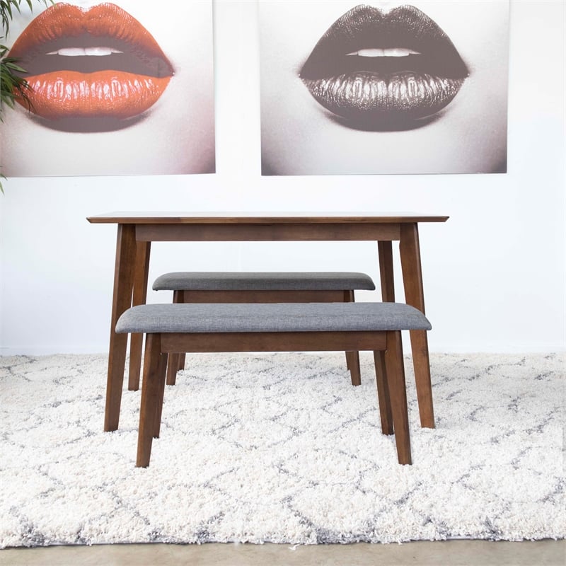 Allora Mid Century Modern 3 Piece Dining Set with Bench in Walnut