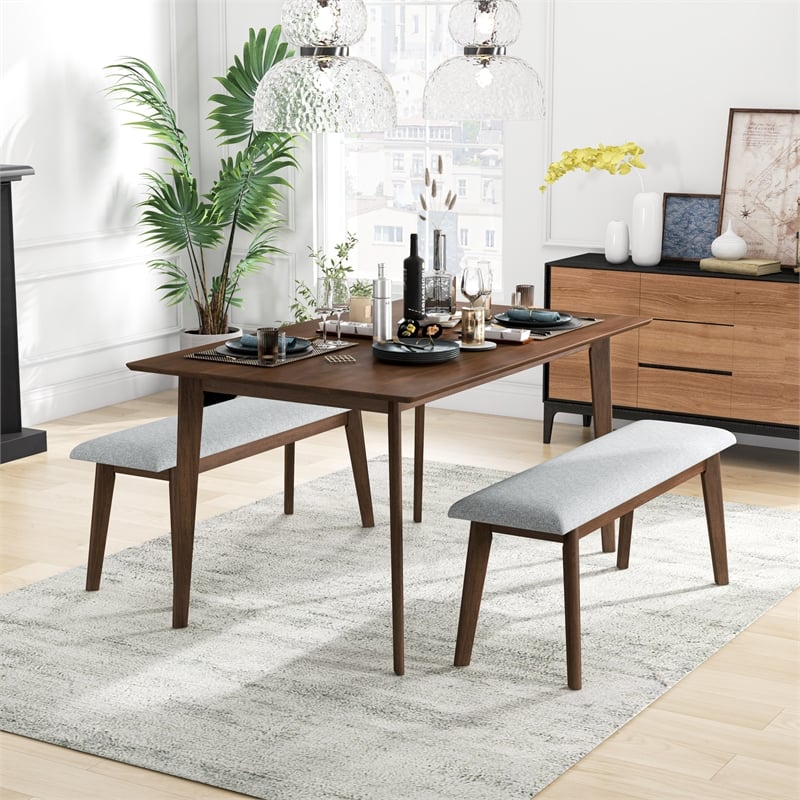 Allora Mid Century Modern 3 Piece Dining Set with Bench in Walnut