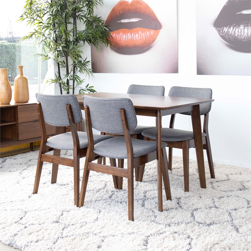 Allora Mid-Century 5-Piece Solid Wood/Fabric Dining Set in Walnut