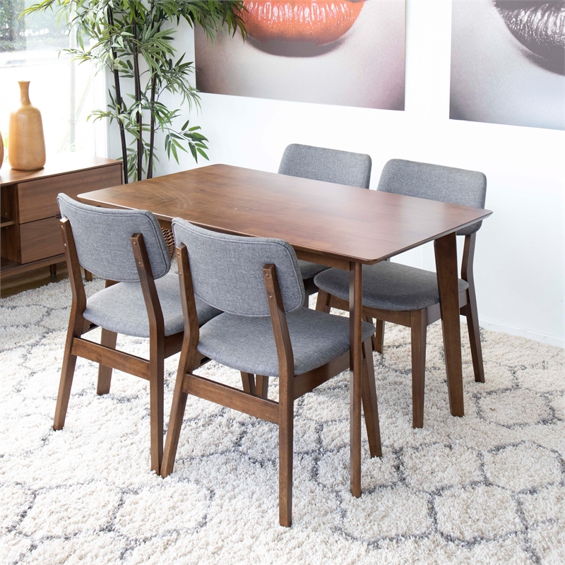 Allora Mid-Century 5-Piece Solid Wood/Fabric Dining Set in Walnut