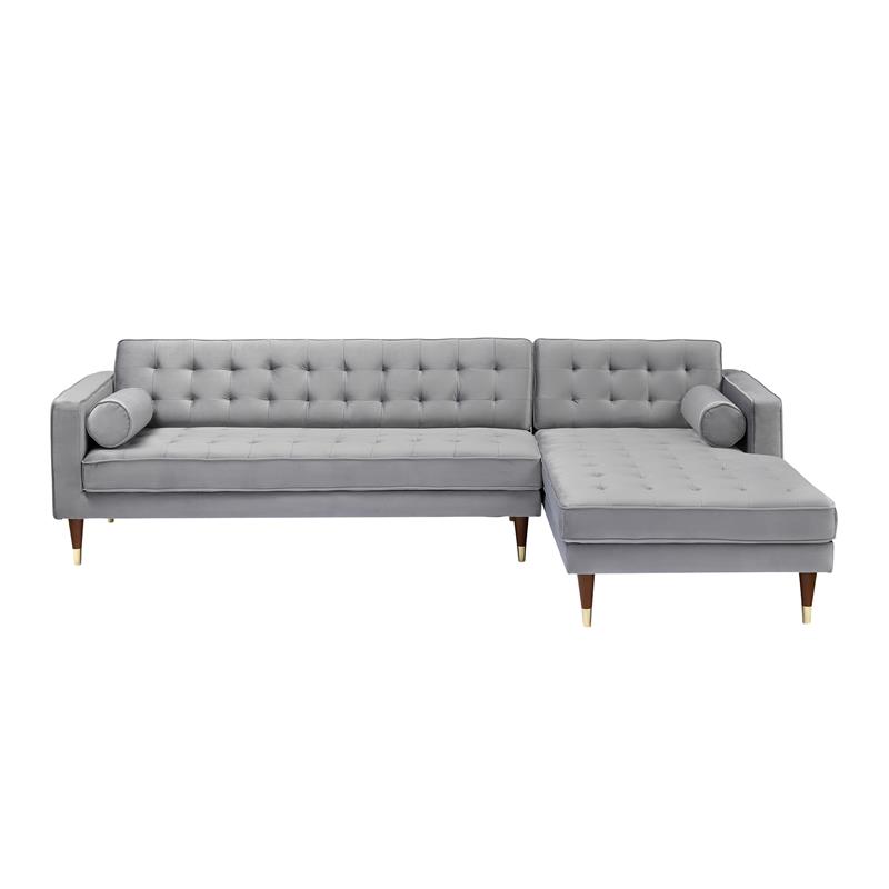 Allora Velvet Mid Century Modern Right Sectional Sofa in Gray