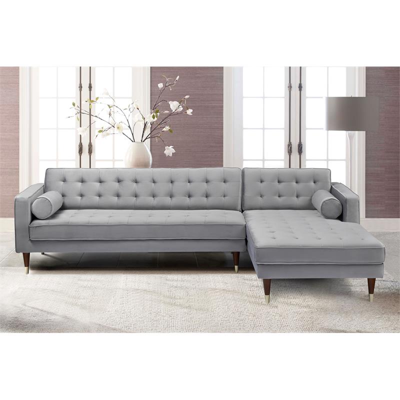 Allora Velvet Mid Century Modern Right Sectional Sofa in Gray