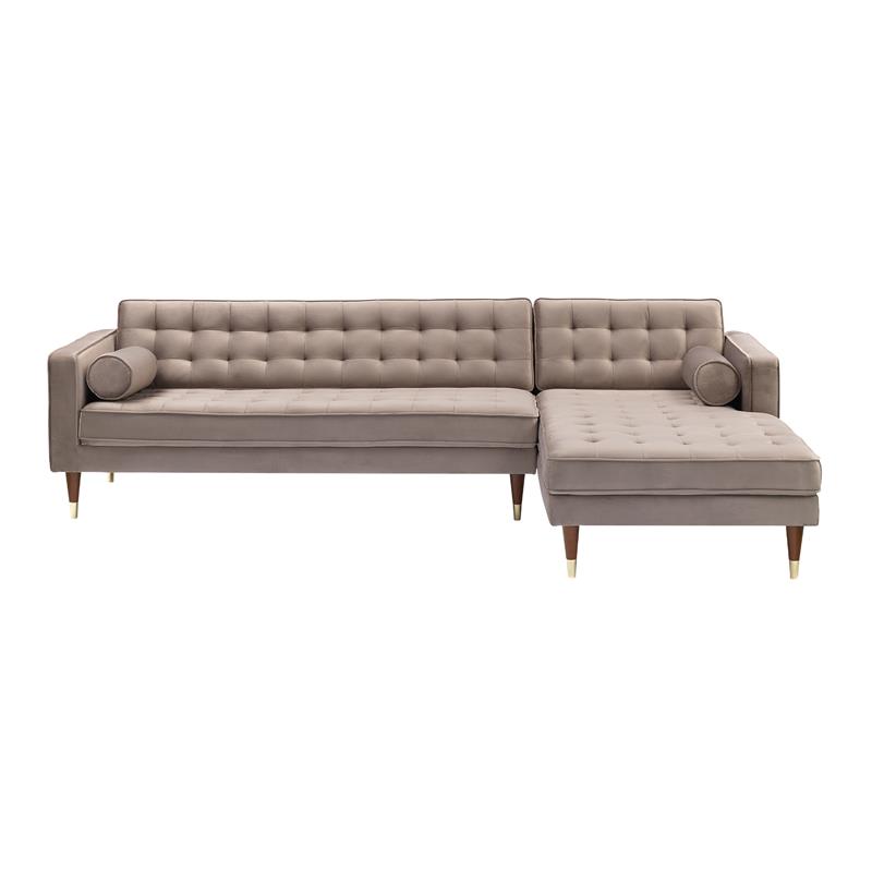 Allora Modern Velvet/Wood Right Sectional Sofa with Gold Legs in Taupe