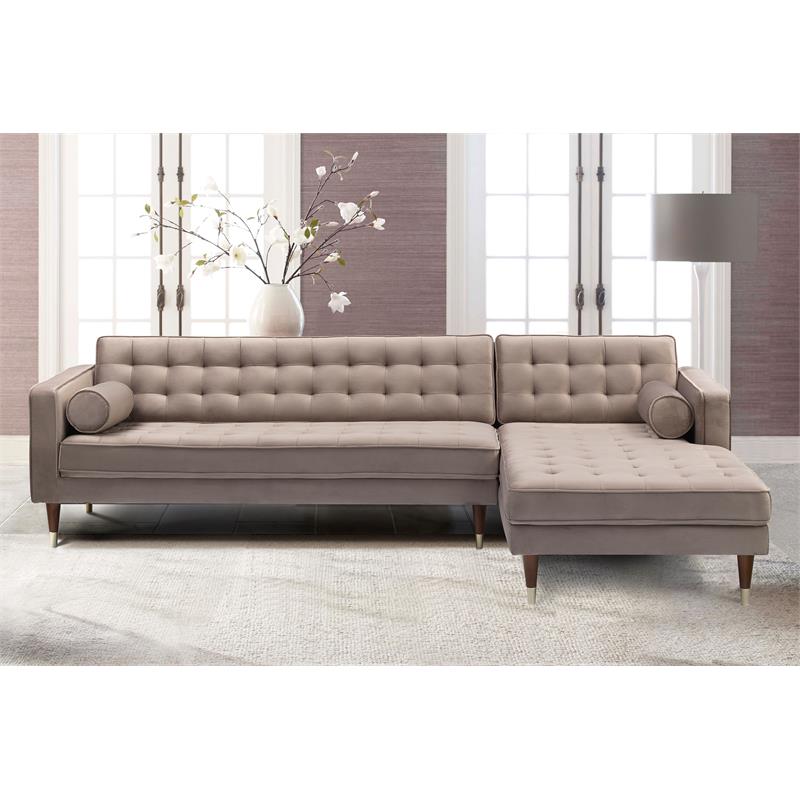 Allora Modern Velvet/Wood Right Sectional Sofa with Gold Legs in Taupe