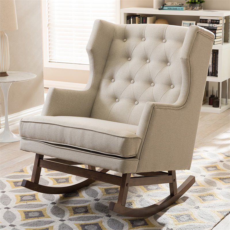 Allora Tufted Wingback Rocker in Light Beige and Walnut