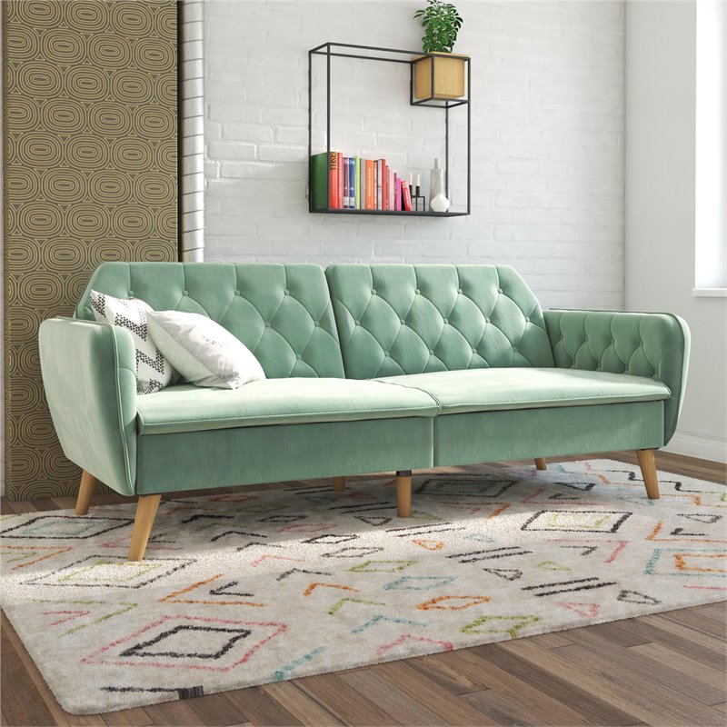 Allora Memory Foam Velvet Futon Sofa Bed in Light Green