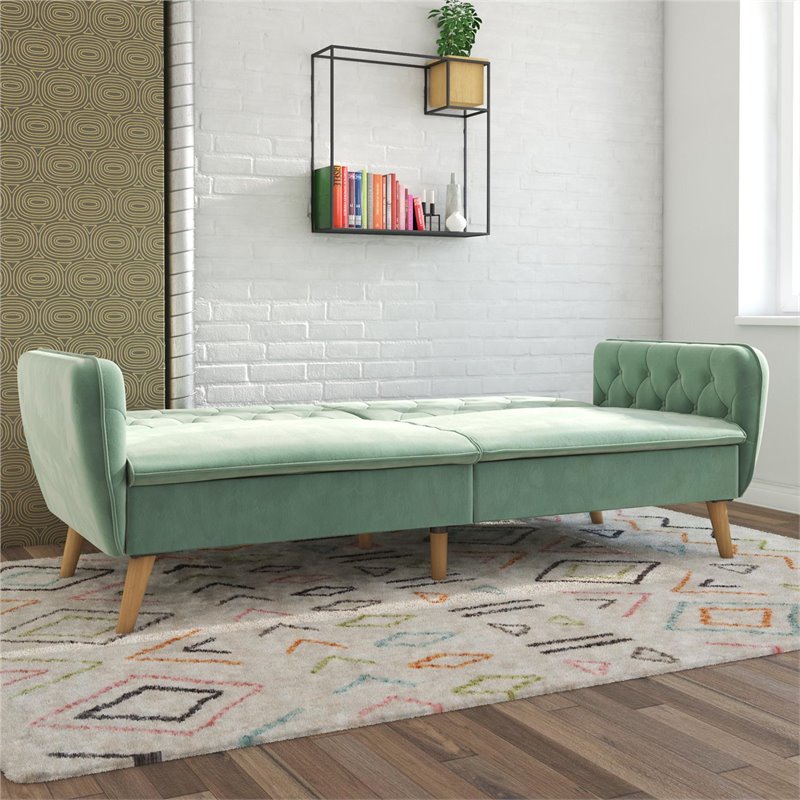 Allora Memory Foam Velvet Futon Sofa Bed in Light Green