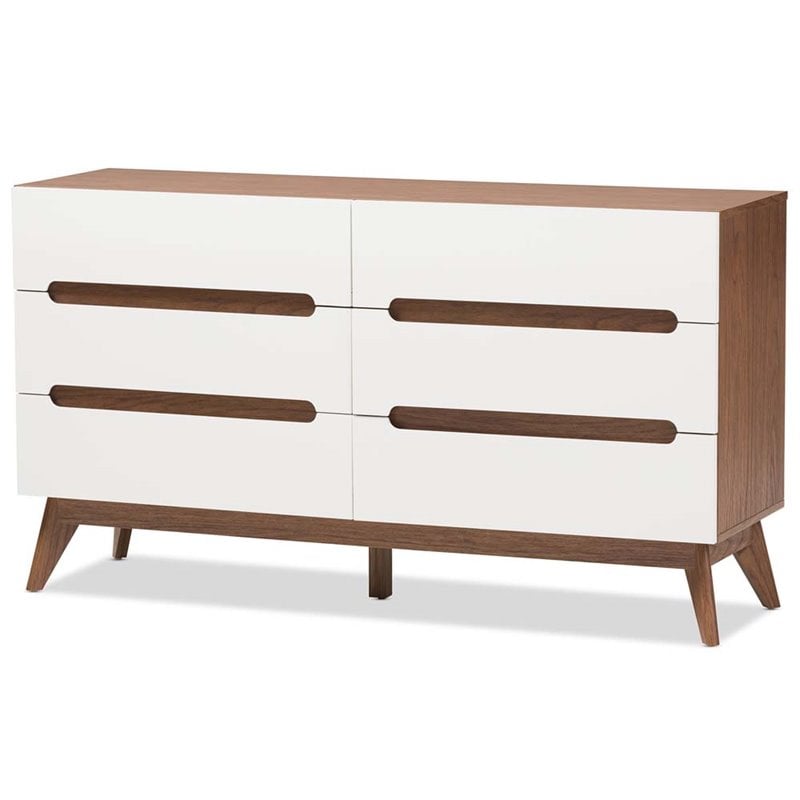 Allora 6 Drawer Double Dresser in White and Walnut