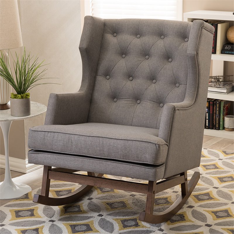Allora Tufted Wingback Rocker in Gray and Dark Walnut