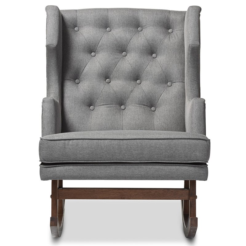 Allora Tufted Wingback Rocker in Gray and Dark Walnut