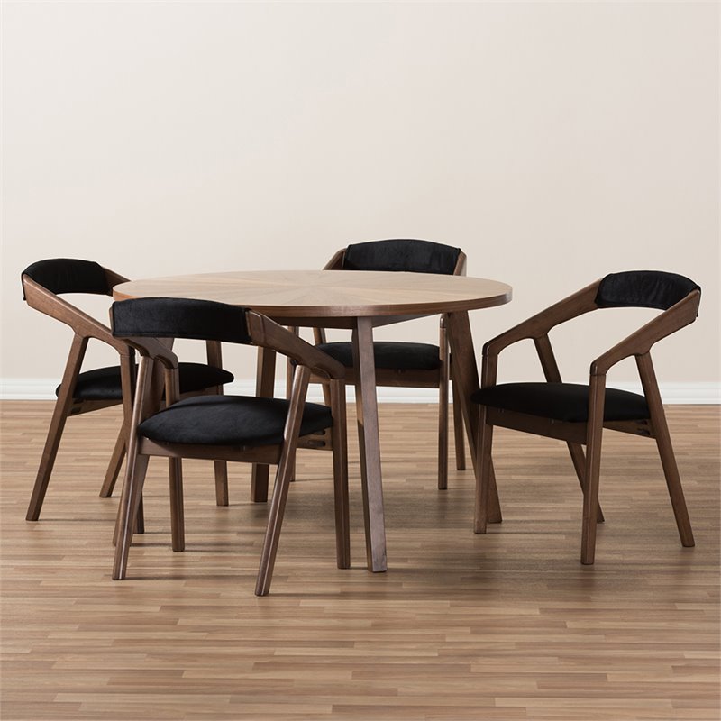Allora 5 Piece Round Dining Set in Black and Walnut Brown