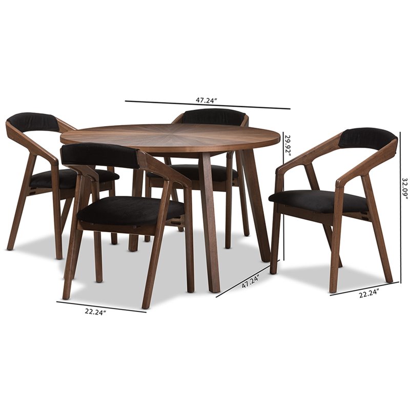 Allora 5 Piece Round Dining Set in Black and Walnut Brown