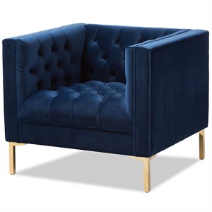 allora velvet tufted lounge chair in navy and gold