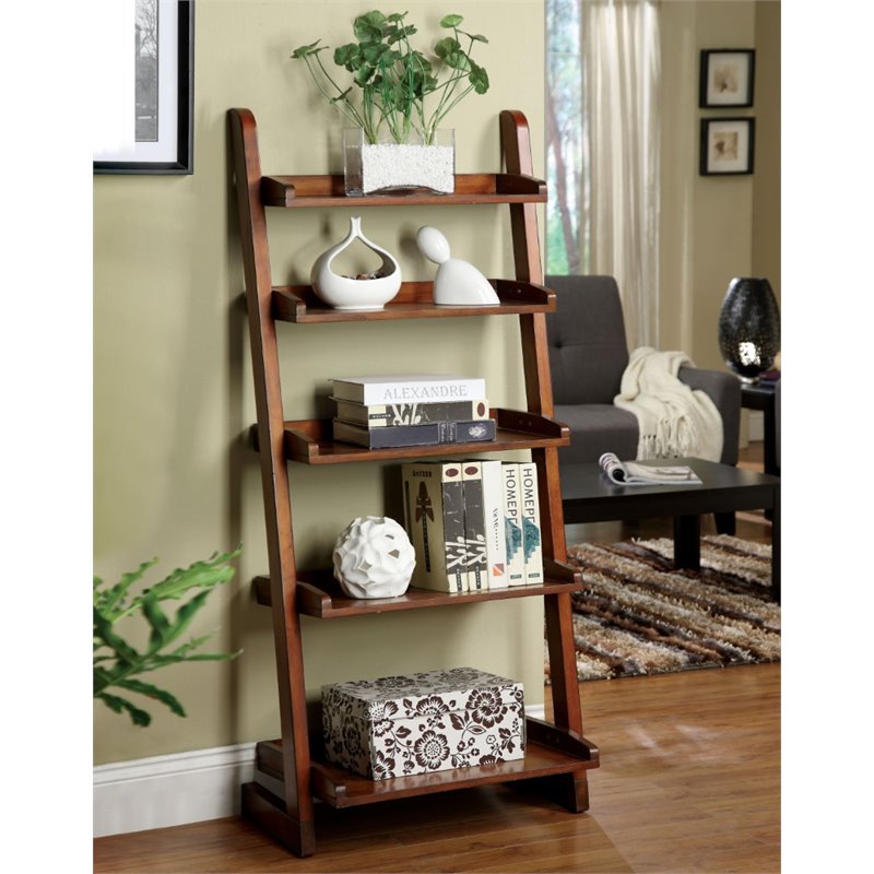Allora Transitional Wood 5 Shelf Bookcase in Antique Oak