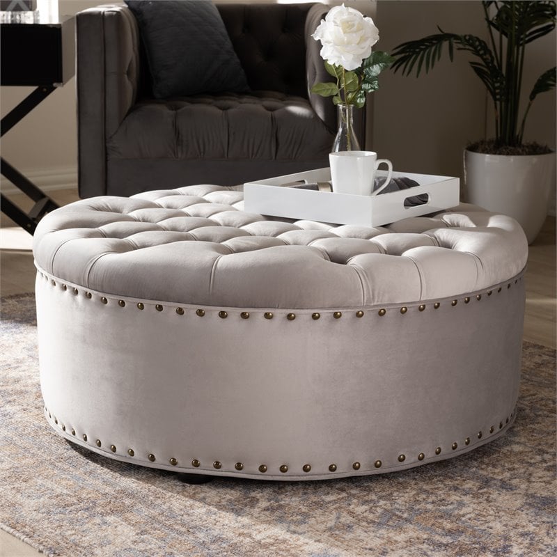 Allora Tufted Velvet Coffee Table, Light Grey Tufted Coffee Table