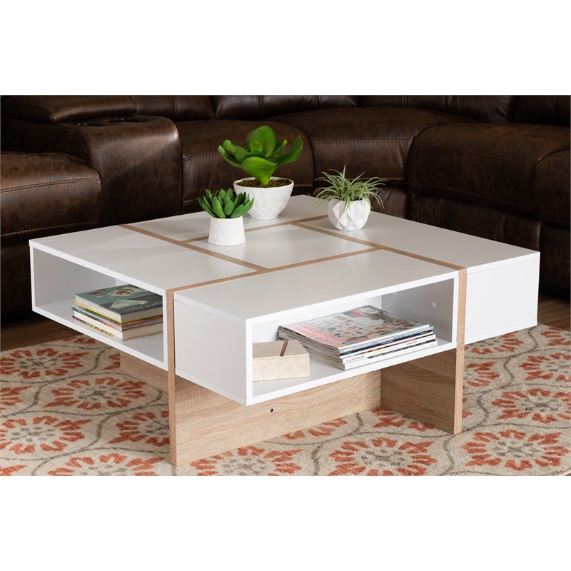 Allora Two-Tone White and Oak Finished Wood Coffee Table