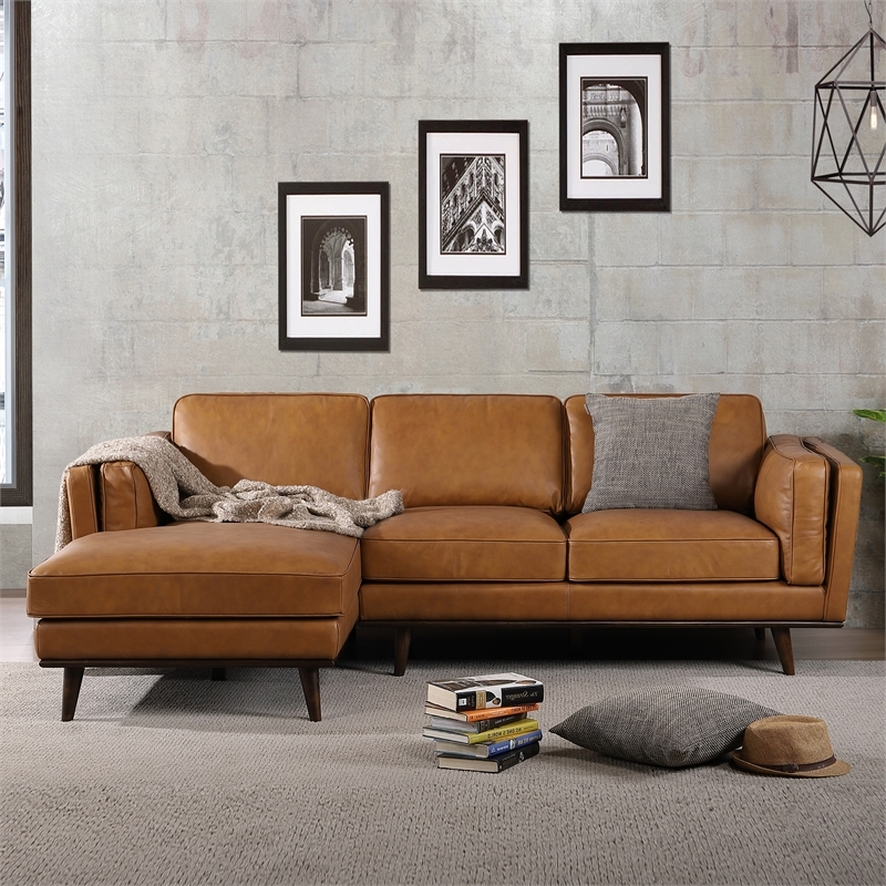 Allora Modern Mid-Century Leather Cushion Back Left-Facing Sectional in Tan