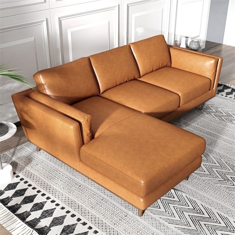 Allora Modern Mid-Century Leather Cushion Back Left-Facing Sectional in Tan