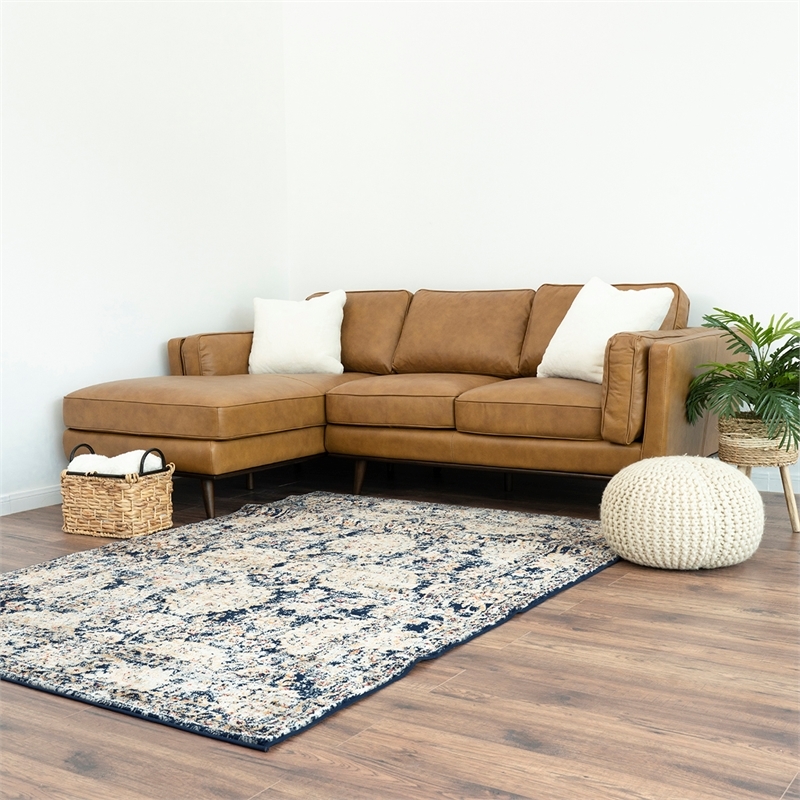 Allora Modern Mid-Century Leather Cushion Back Left-Facing Sectional in Tan