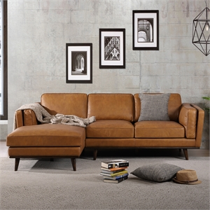 allora modern cushion back genuine leather left-facing sectional in tan