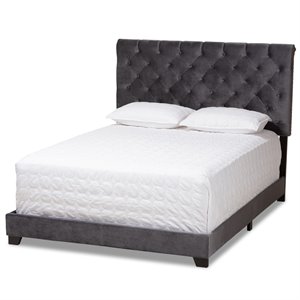 Allora Velvet Modern Button Tufted Velvet Fabric Queen Bed in Dark Gray