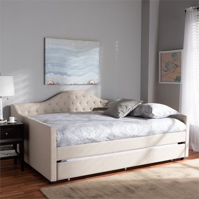 Allora Fabric Tufted Curved Headboard Full Daybed with Trundle in Light Beige