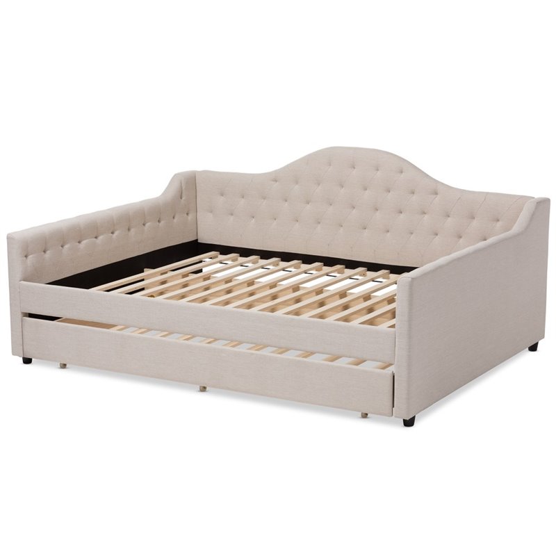 Allora Fabric Tufted Curved Headboard Full Daybed with Trundle in Light Beige
