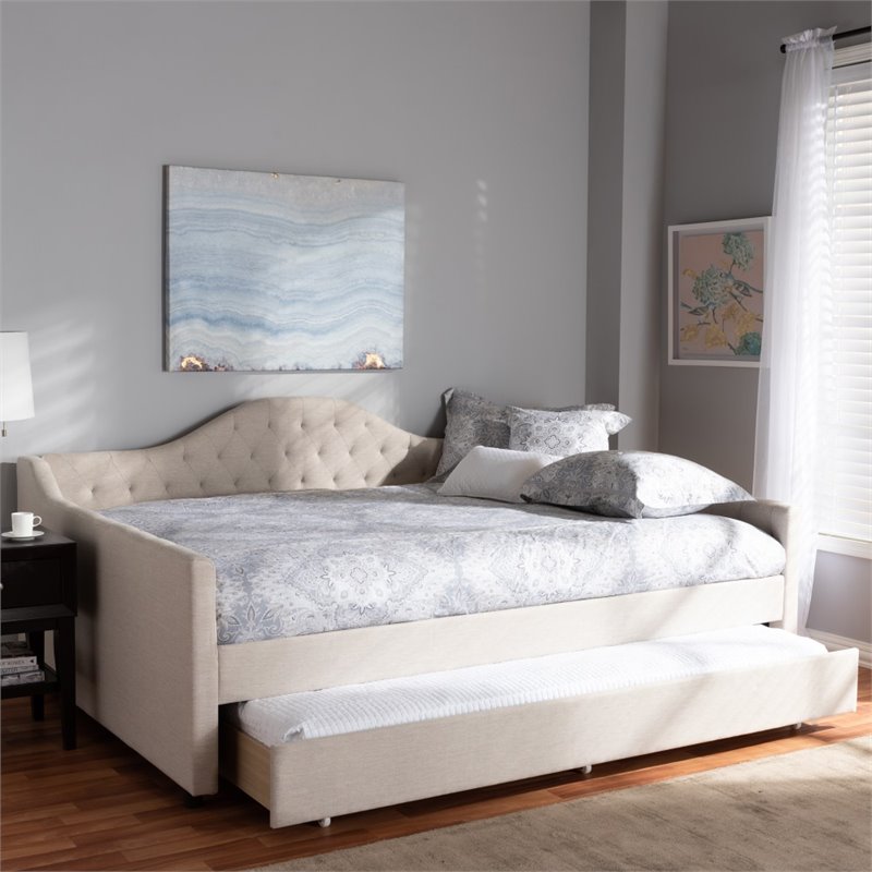 Allora Fabric Tufted Curved Headboard Full Daybed with Trundle in Light Beige