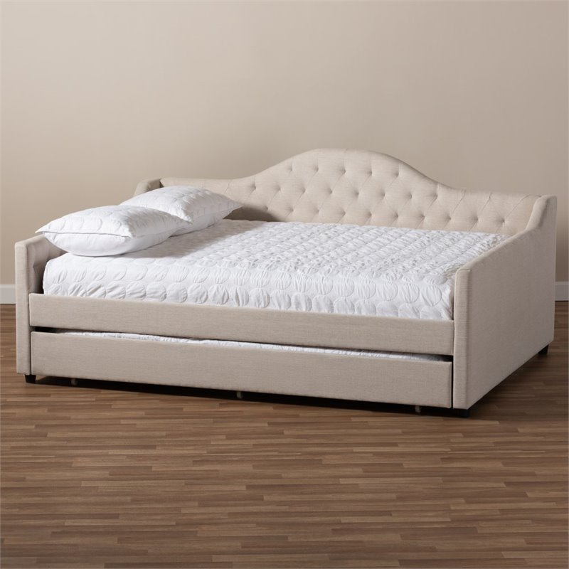 Allora Fabric Tufted Curved Headboard Full Daybed with Trundle in Light Beige