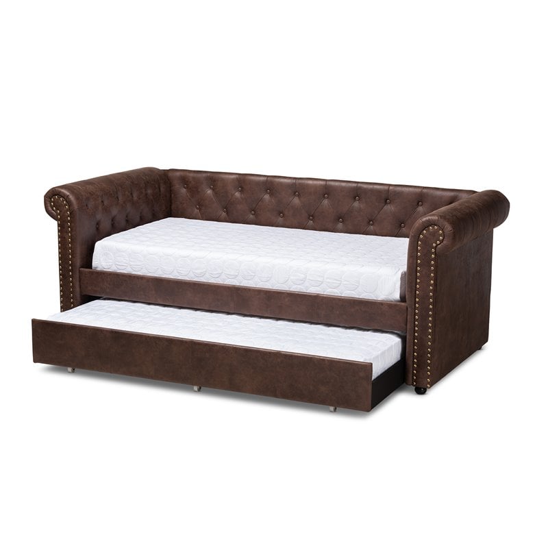 Allora Mid-Century Faux Leather Twin Daybed with Trundle in Brown