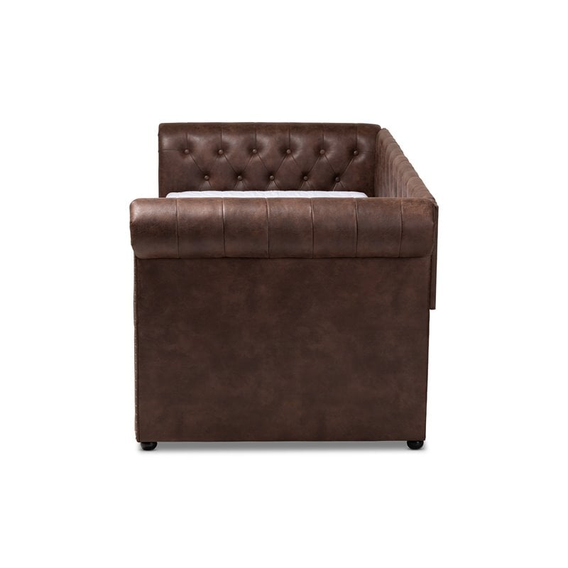Allora Mid-Century Faux Leather Twin Daybed with Trundle in Brown