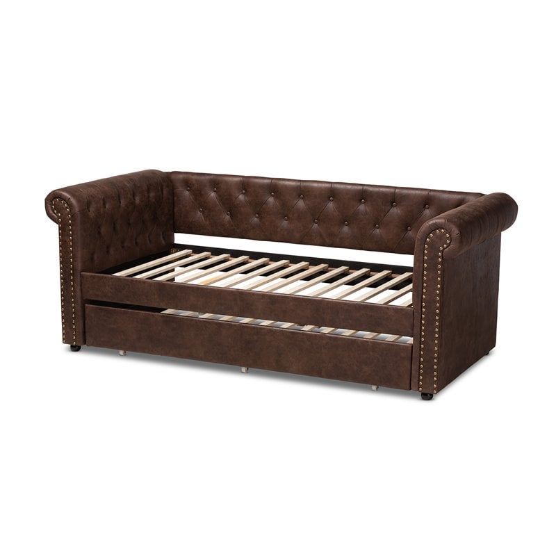 Allora Mid-Century Faux Leather Twin Daybed with Trundle in Brown