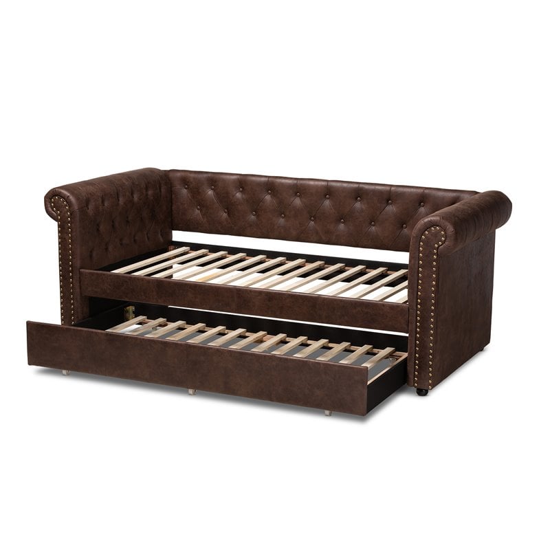 Allora Mid-Century Faux Leather Twin Daybed with Trundle in Brown