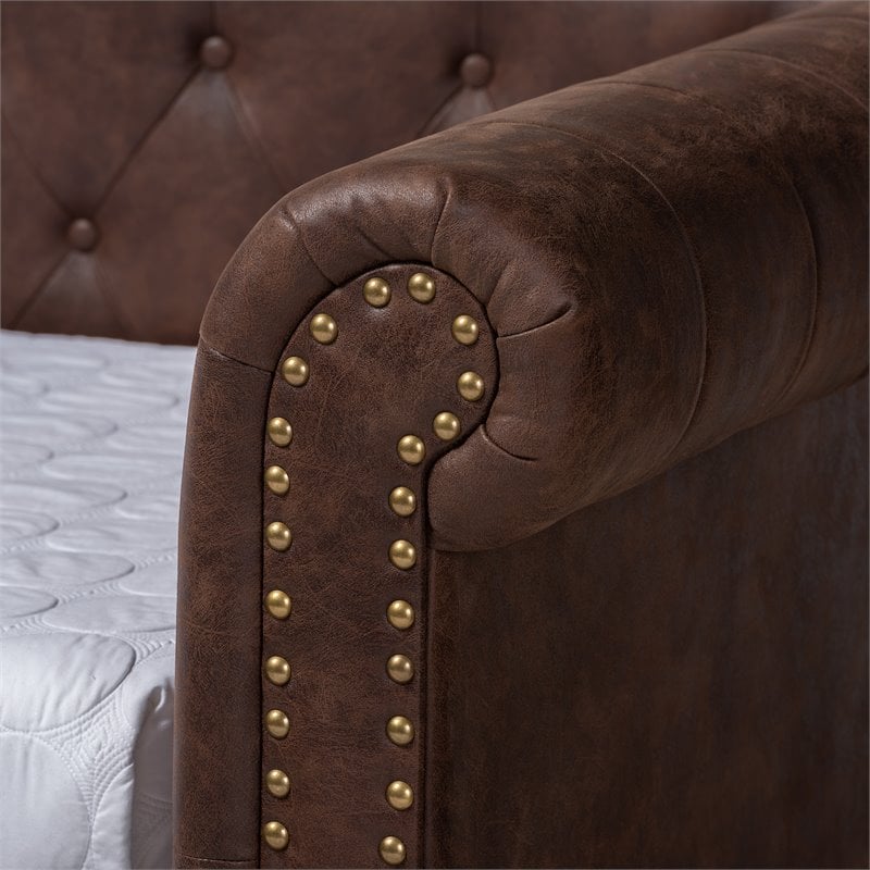 Allora Mid-Century Faux Leather Twin Daybed with Trundle in Brown