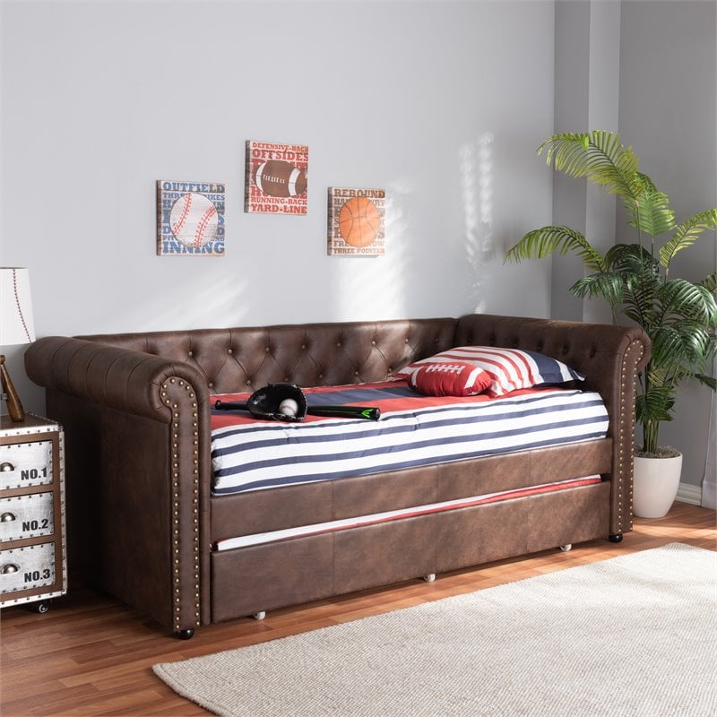 Allora Mid-Century Faux Leather Twin Daybed with Trundle in Brown
