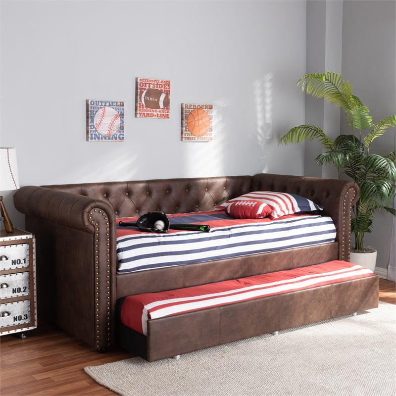 Allora Mid-Century Faux Leather Twin Daybed with Trundle in Brown