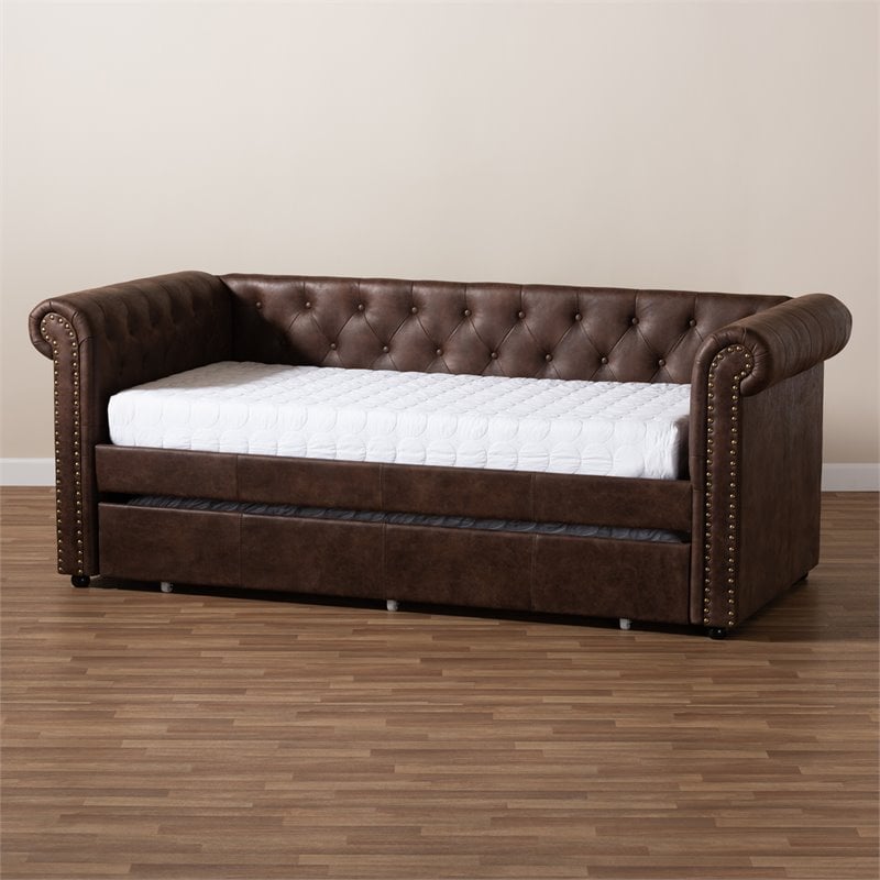 Wood Twin Daybed With Trundle, Brown Leather Daybed With Trundle